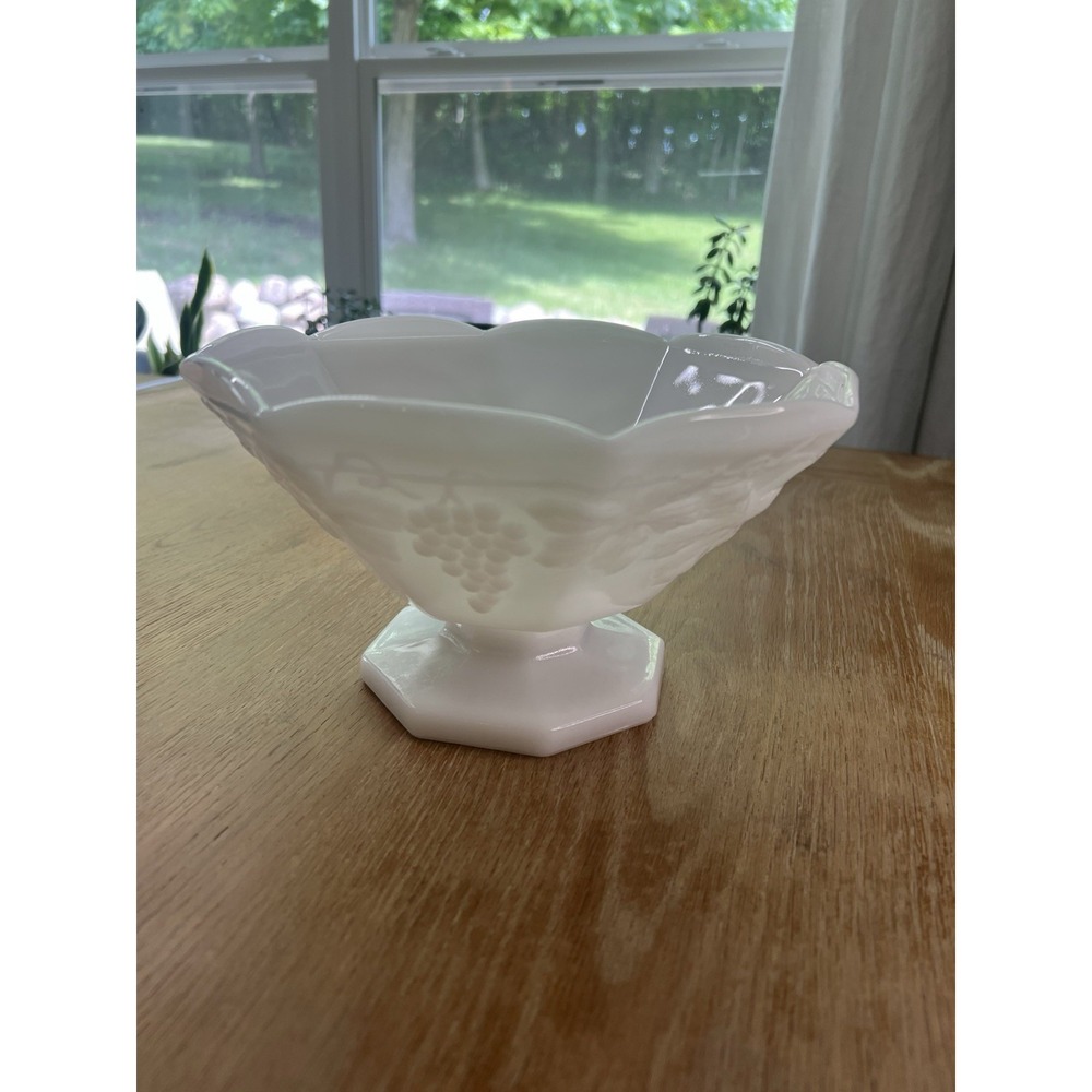 Vintage White Milk Glass Grape Leaf Pattern Octagon Shape Pedestal Fruit Bowl
